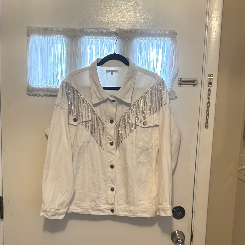 White Denim Jacket with Silver Fringe